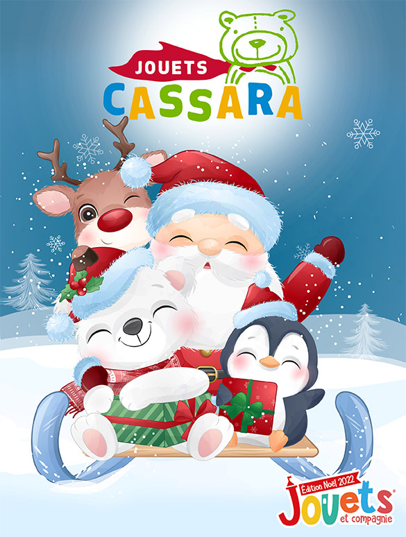 Couverture du catalogue 2022 de Jouets et cie avec le père Noël et des animaux sur un traineau
